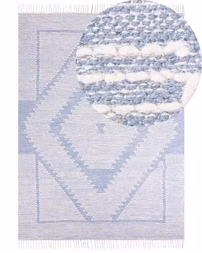 Beliani Tappeto in cotone e lana con nappe bianco blu 160 x 230 cm
