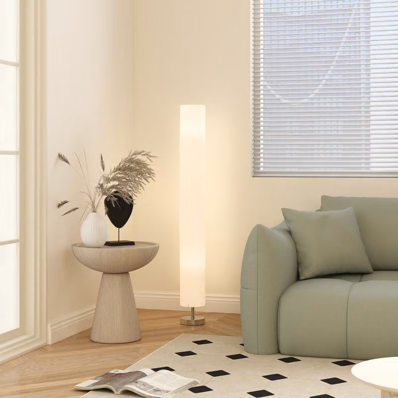 Lampada da terra Moonbite, altezza 120 cm, paralume in poliestere bianco, 2 attacchi E27, base in acciaio inossidabile, interruttore a pedale, cavo da 2,1 metri, potenza massima 40 W, piedini antiscivolo, ideale per il soggiorno, colore bianco
