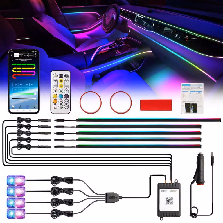 Illuminazione interna per auto a LED, kit neon RGB in acrilico, 9 in 1, 12V, controllo tramite app, sincronizzazione con la musica