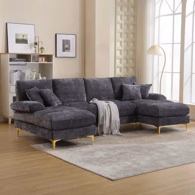 Divano panoramico a U in ciniglia con doppia chaise longue cuscini e piedi in metallo dorato grigio 272 × 136 × 88 cm