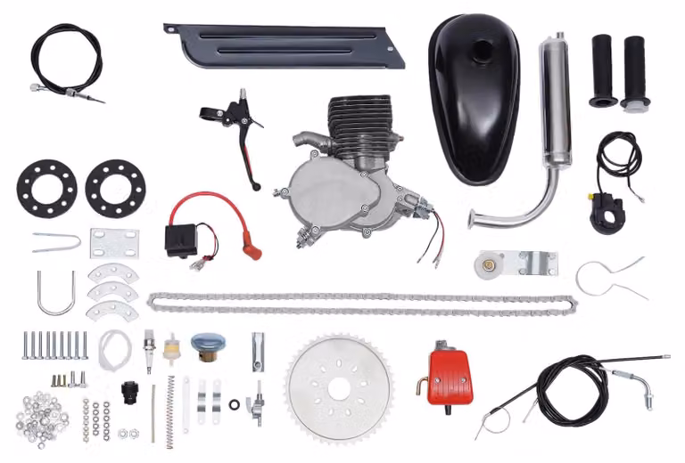 Kit motore per bicicletta - Motore a benzina a 2 tempi da 110 cc - Pignone 36T - Potenza 3 kW - Regime 6000 giri/min - Set completo - Nero