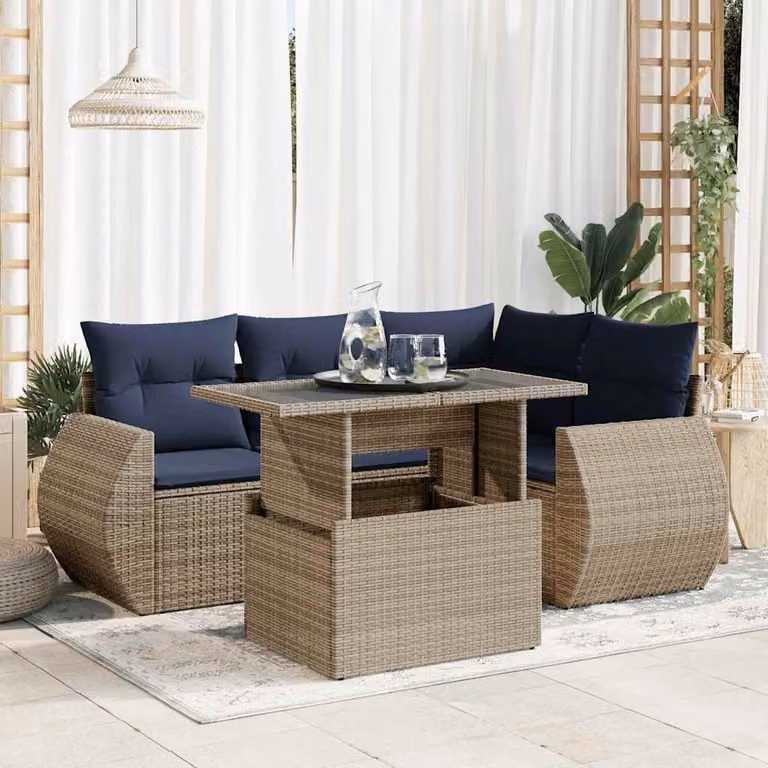 Set Divano da Giardino vidaXL a Forma di L in Polyrattan con Cuscini e Tavolino, Grigio e Blu