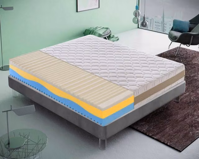 Materasso Piazza e Mezza 140x200 in memory foam, 3 strati, rivestimento sfoderabile, 5 cm di memory foam, 7 zone di comfort