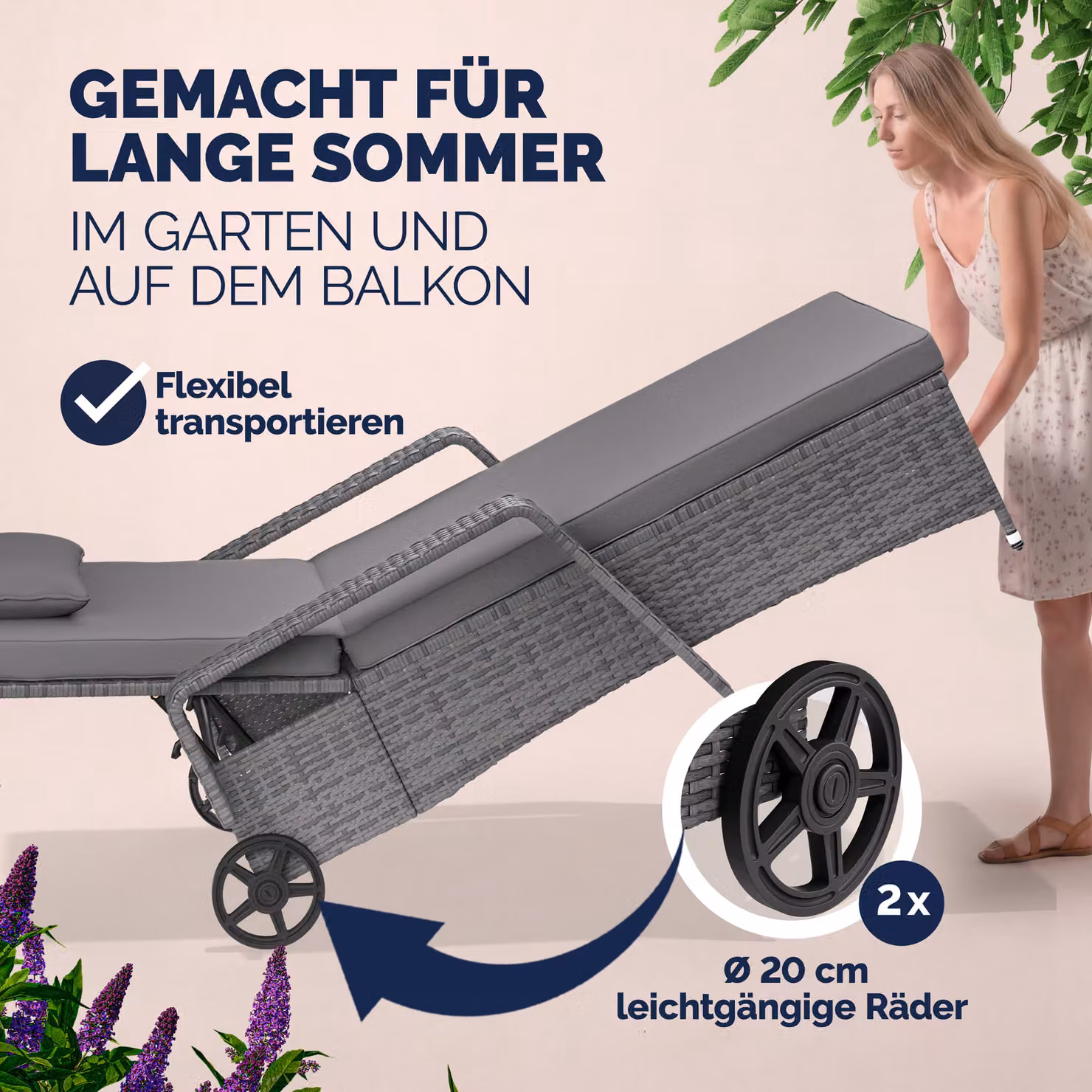 Sdraio da giardino Casaria in polyrattan grigio antracite con poggiatesta regolabile e ruote L/P/H: 193 x 90 x 43 cm – 4