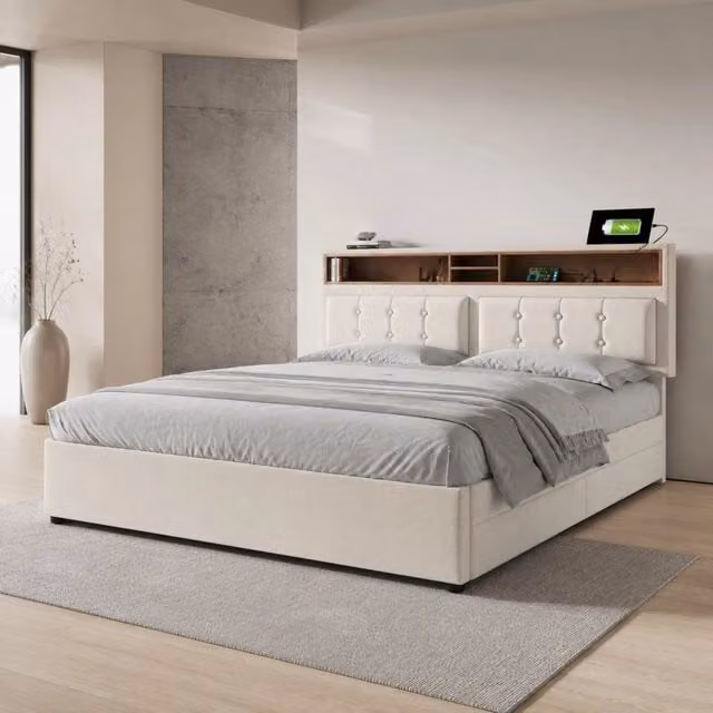 Letto matrimoniale imbottito 140x200 cm con 4 cassetti, testiera regolabile in altezza e prese USB-C integrate, rete a doghe in legno