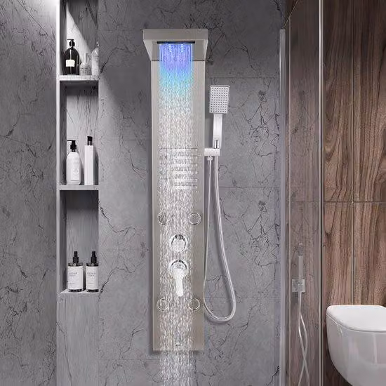 Pannello doccia con idromassaggio - argento - Doccia a pioggia - Pannello doccia LED con getti massaggio - Colonna doccia con doccia a pioggia, display LCD e soffione manuale con 5 funzioni