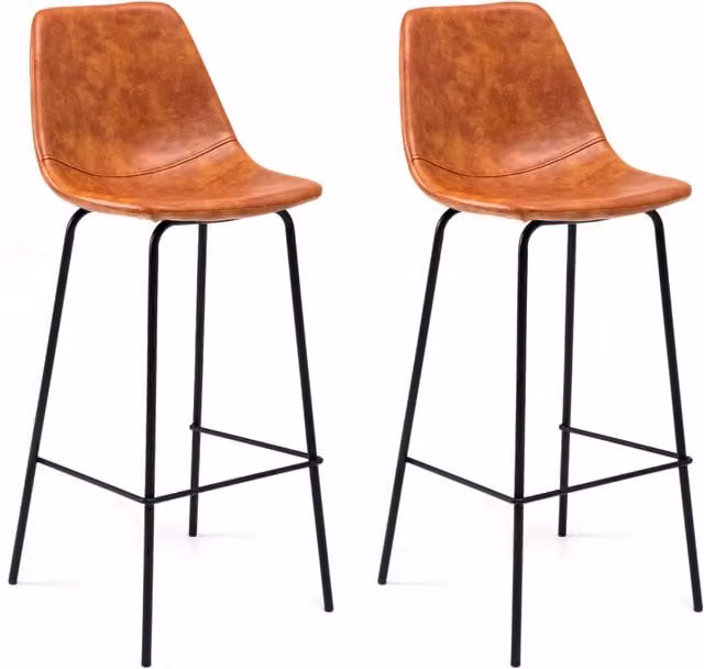 Set di 2 sgabelli vintage LUCIEN in ecopelle color cognac con struttura in metallo nero, Altezza seduta: 75 cm – 1