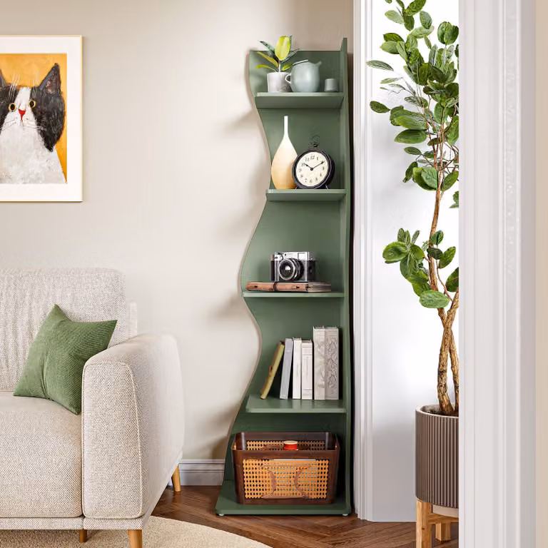 LITTLE TREE: piccola libreria ad angolo, moderna libreria ad angolo a 5 ripiani, elegante libreria per piccoli spazi, soggiorno, camera da letto, verde