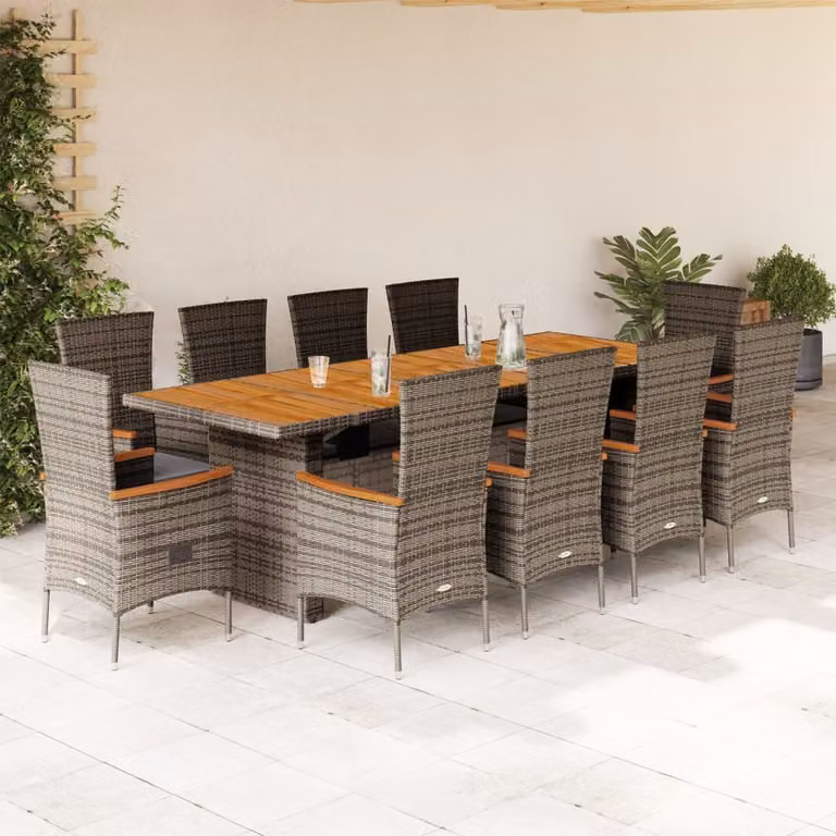Set da pranzo da giardino vidaXL in polyrattan e legno di acacia con 11 pezzi e cuscini grigi