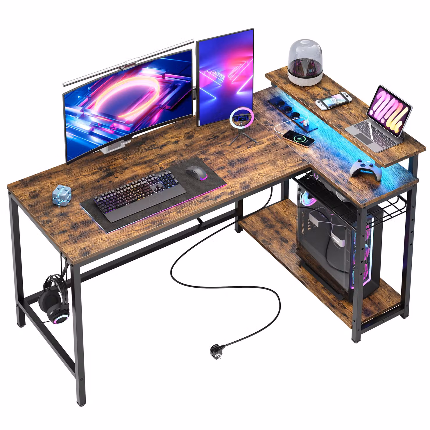 Scrivania angolare da gioco Bestier a forma di L da 132 cm - con LED, prese di corrente, 2 ripiani e ganci - Scrivania reversibile per piccolo ufficio, camera da letto