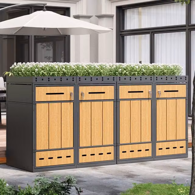Copribidoni set di 4 con fioriera integrata e serratura per bidoni da 120 a 240 l in acciaio grigio effetto legno