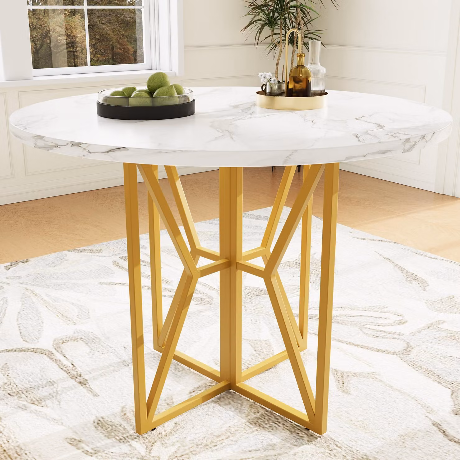 Tavolo da pranzo rotondo Sweiko (80 x 80 x 76 cm), tavolo rotondo leggero e lussuoso per 4-6 persone, adatto per sala da pranzo e soggiorno, gambe dorate, piano in MDF marmorizzato