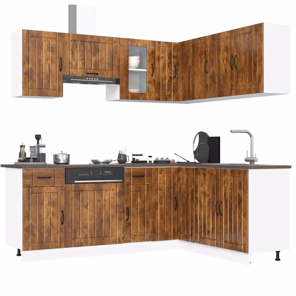 Set di mobili da cucina vidaXL Lucca composto da 11 pezzi in stile rustico, colore marrone, con ante a battente e ripiani aperti