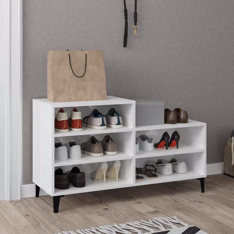 Scarpiera vidaXL Bianco Lucido in Legno e Metallo con Ripiani e Ante a Battente L: 102 cm, P: 36 cm, H: 60 cm