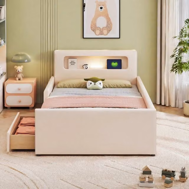 Letto per bambini REDOM in similpelle beige con cassetti, porta USB e luce notturna, L/P: 200 x 90 cm