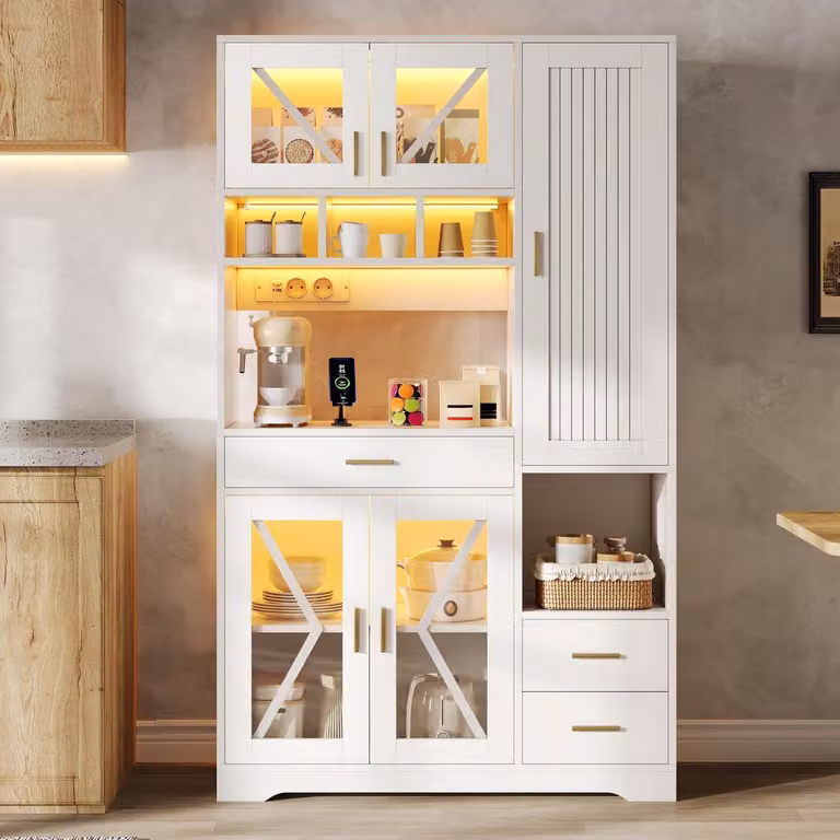 Mobiletto buffet con prese di corrente e strisce LED, 5 ante, 3 cassetti, bianco, 185x105x40 cm