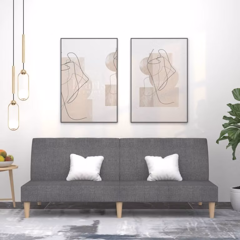 Divano letto 2 posti, colore grigio chiaro, rivestito in tessuto, modello esclusivo