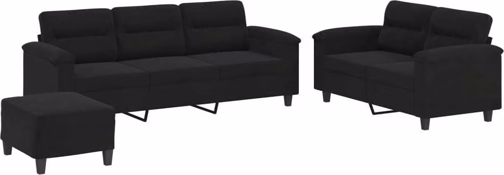Set Divani 3 pz con Cuscini Nero in Tessuto Microfibra