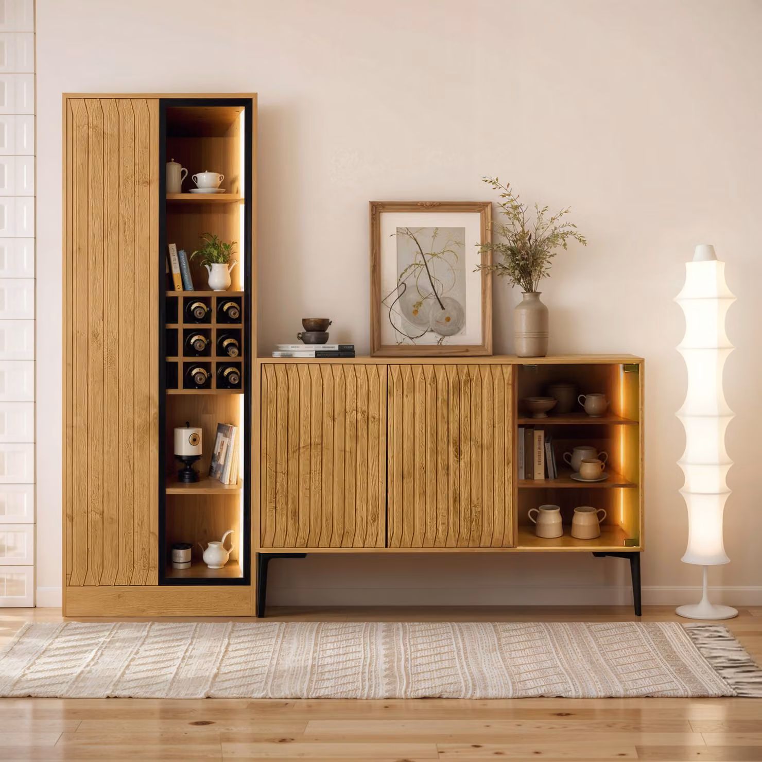 Cassettiera AIORBER, 2 pezzi, con ante in vetro, combinazione di armadietti da bagno con luce LED, ampio spazio di archiviazione, legno chiaro, per soggiorno, bagno, 60x35x160cm, naturale