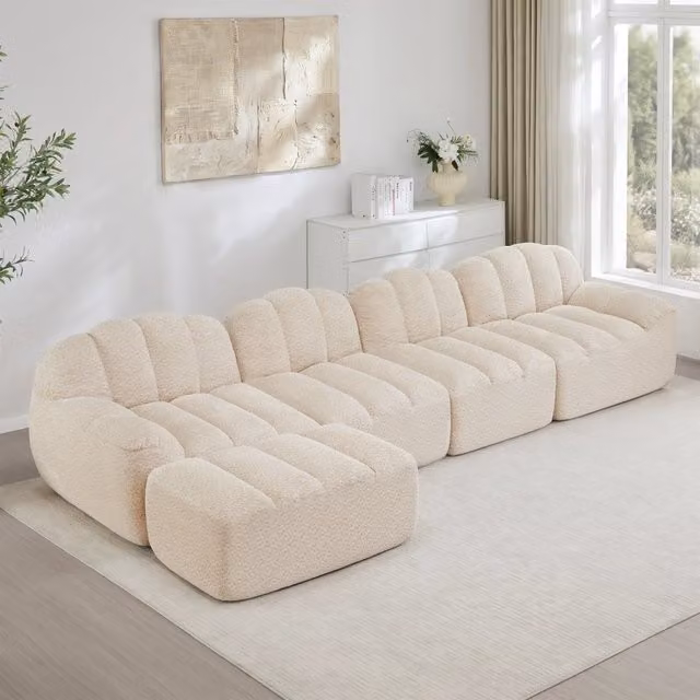 Divano modulare 4 posti configurabile a L in fleece granulato beige bianco