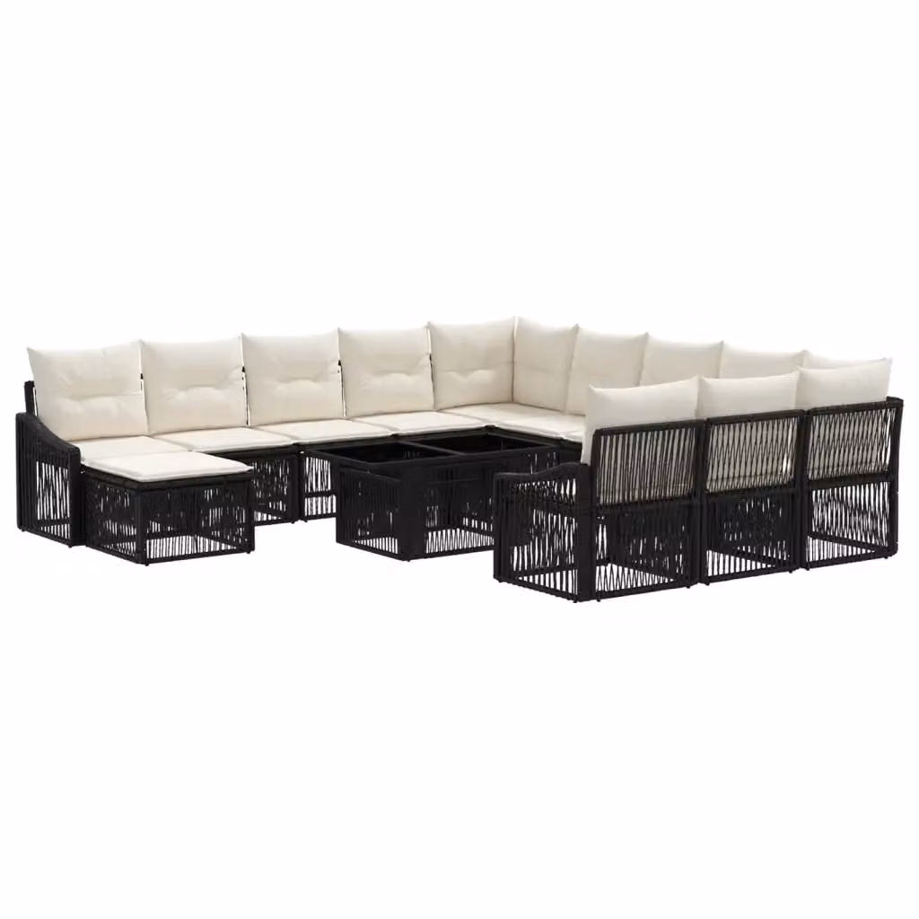 Set Divano da Giardino vidaXL a forma a U in Polyrattan con Tavolino e Ottoman, 13 Pezzi, Nero e Bianco Crema – 2