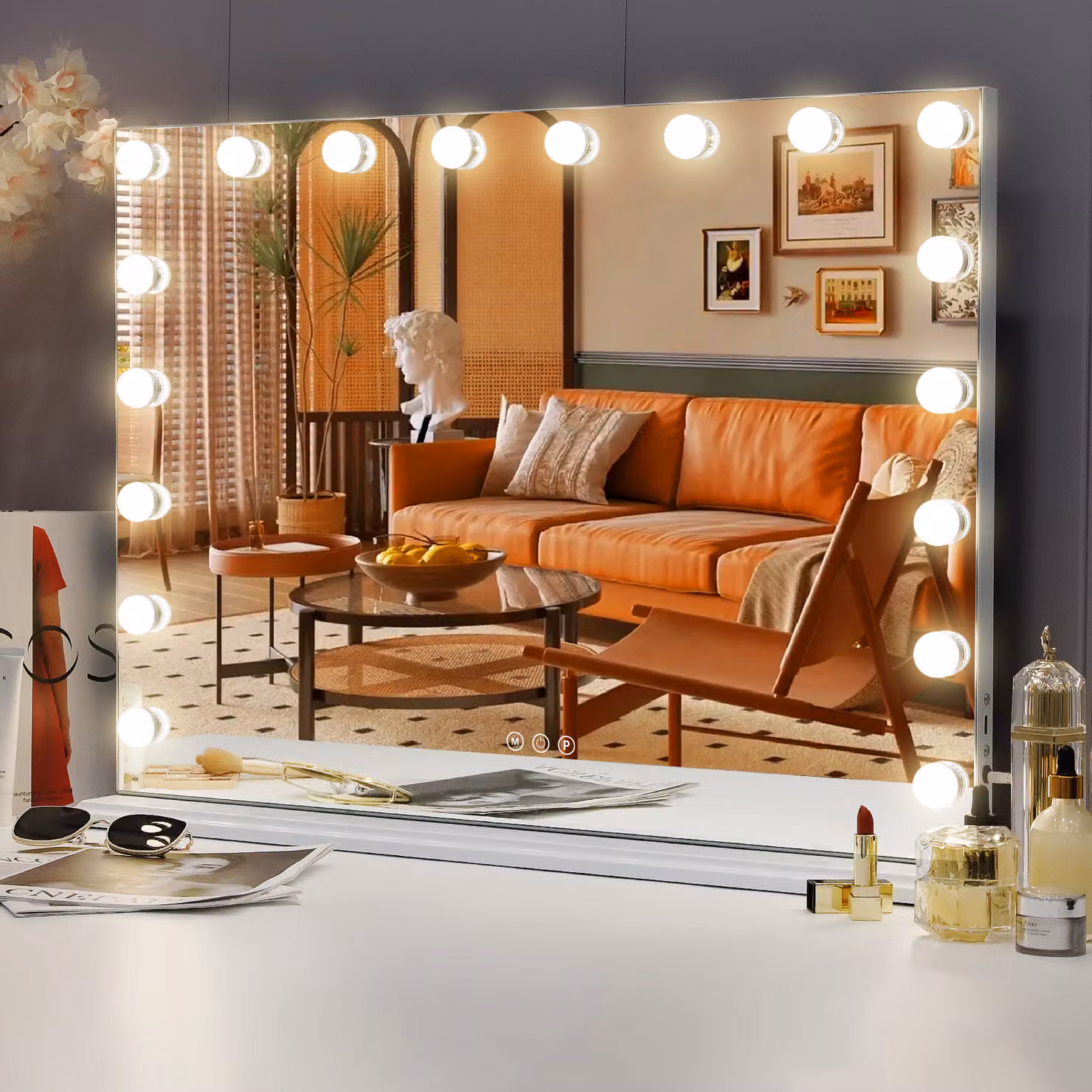 VANITII Hollywood specchio per il trucco 80cm x 58cm con illuminazione 18 luci dimmer 3 modalità di illuminazione specchio per il trucco per il bagno tavolo da toilette bianco