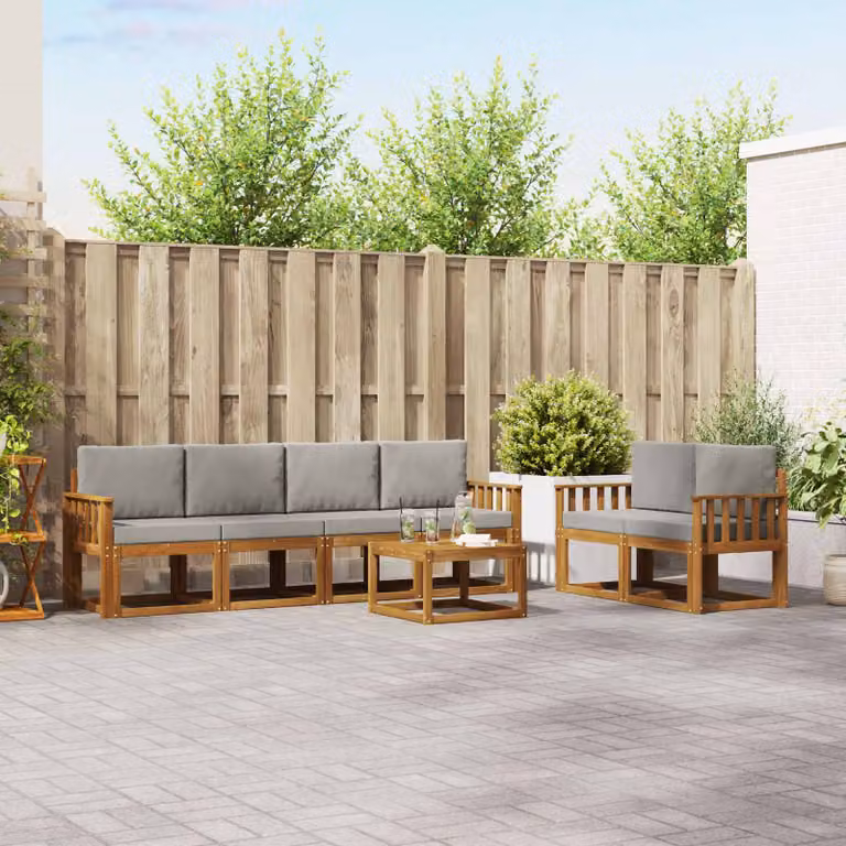 vidaXL Set di divani da esterno 7 pz in legno di acacia con cuscini Grigio e Marrone