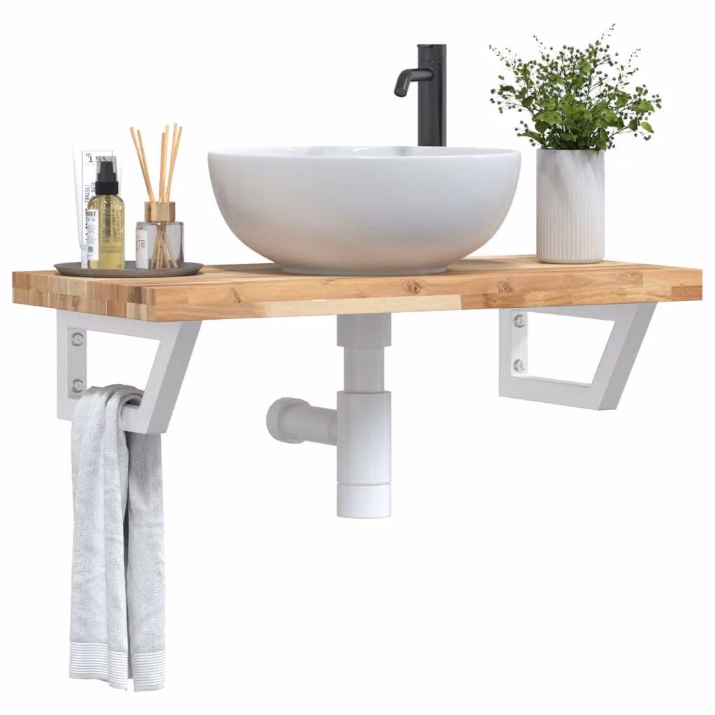 vidaXL Ripiano a Parete per Lavabo in Acacia e Metallo, Bianco e Marrone, L: 60 cm, P: 40 cm, H: 19 cm