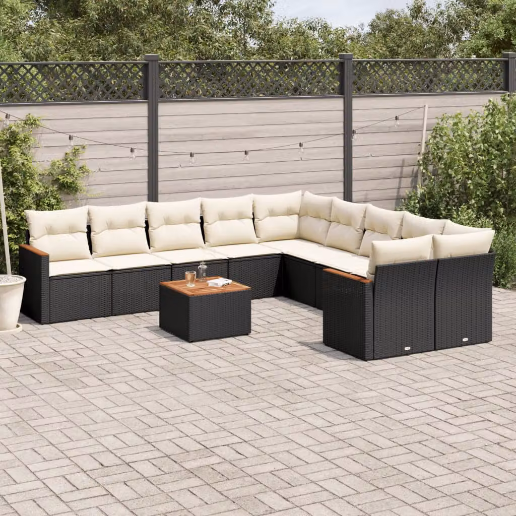 vidaXL Set Divani da Giardino 11 pz in Polyrattan con Cuscini e Tavolino da Esterno Nero e Bianco – 1