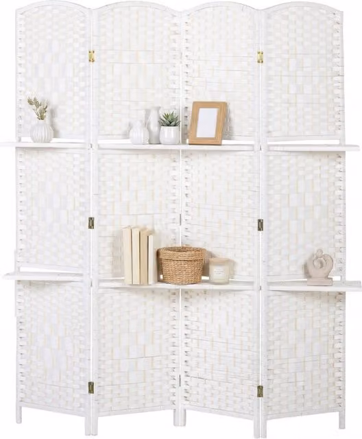 Paravento Divisorio Xylo in Legno di Pino con 2 Ripiani, 4 Pannelli Pieghevoli, Bianco Opaco, H 170 cm x L 160 cm