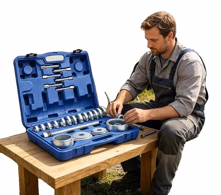 Set di strumenti per la sostituzione dei cuscinetti a sfere, composto da 31 pezzi, realizzato Acciaio al carbonio, con diametro delle piastre di pressione da 50 a 83,4 mm, dimensione dell'albero 22,2 x 300 mm e diametro del cono da 76 a 102 mm