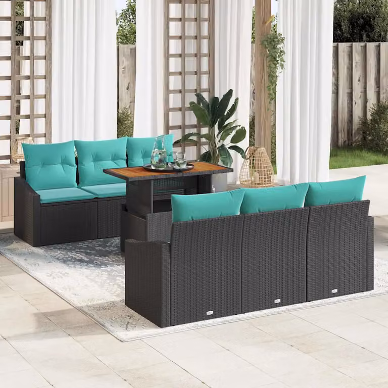Set Divano da Giardino vidaXL in Polyrattan e Legno di Acacia, 7 Pezzi, 6 Posti, Nero e Petrolio