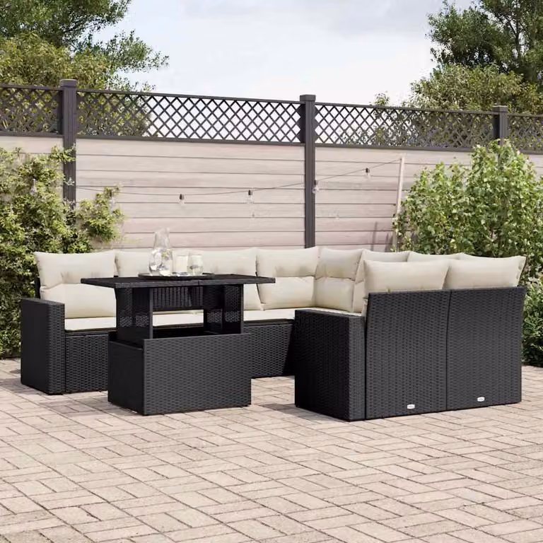 vidaXL Set Divani da Giardino a L 9 pz in Polyrattan Nero con Cuscini e Tavolino