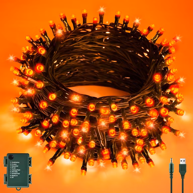 Catena luminosa da 6 metri, con 60 LED arancioni, alimentazione tramite USB o batterie, timer integrato, grado di protezione IP65