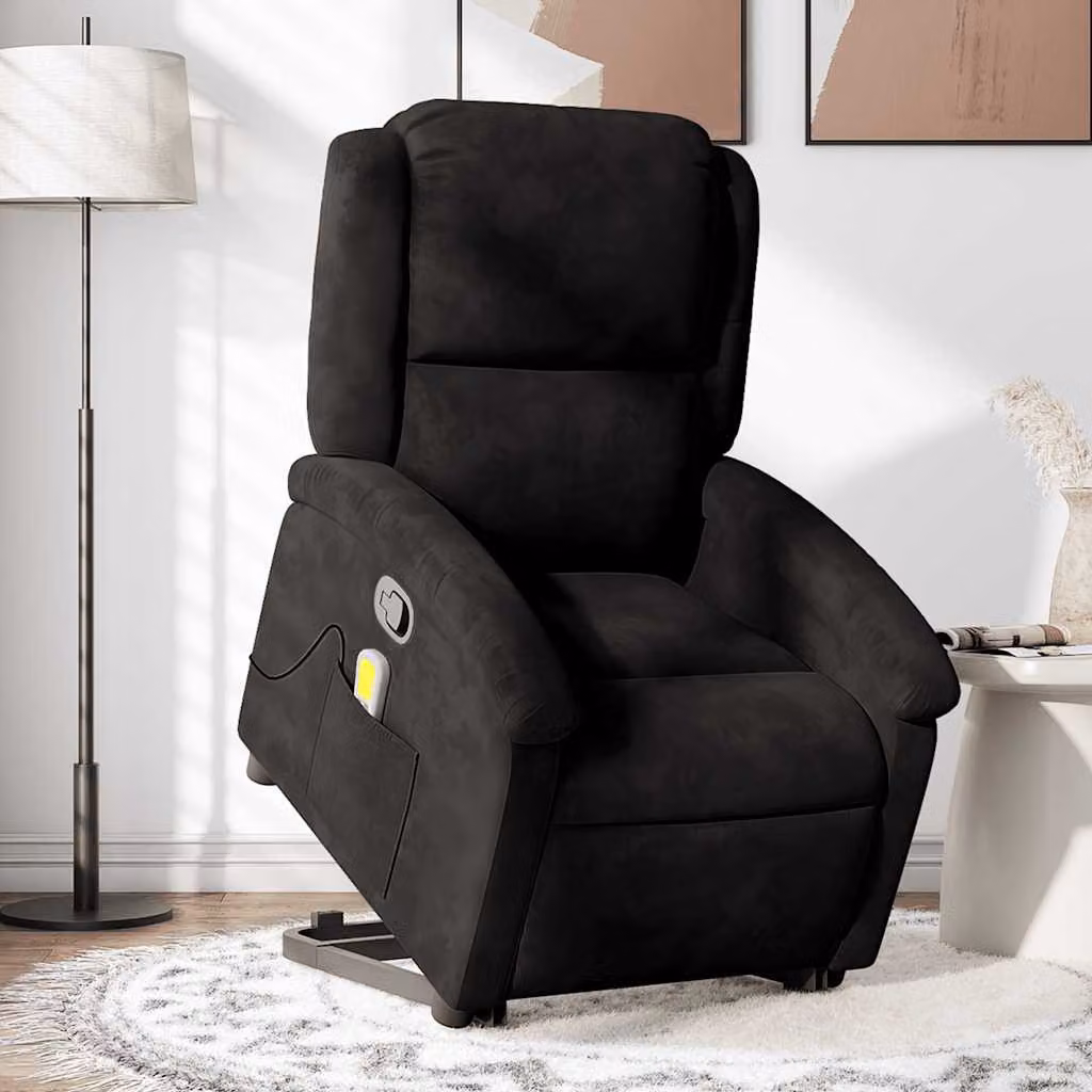 vidaXL Poltrona Alzapersona Massaggiante Reclinabile in Velluto Nero con Supporto Elettrico per Senior – 1