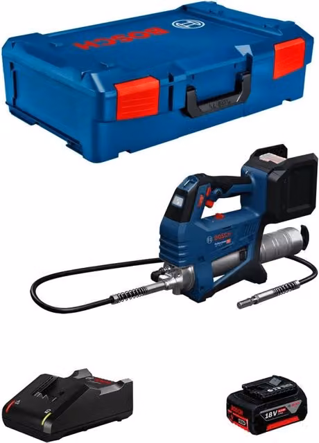 Pistola per grasso Bosch GFP 18V-10 blu con batteria 4,0 Ah e caricabatterie GAL18V-40 in L-Boxx XL