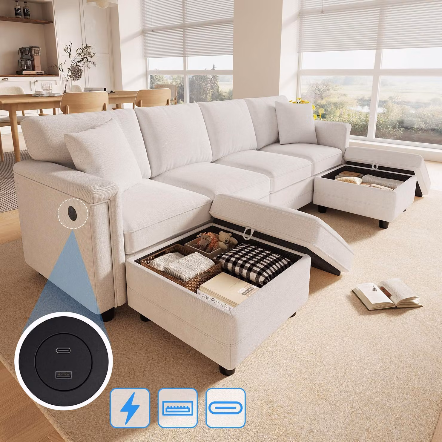 Divano angolare modulare Merax, divano a 4 posti con poggiapiedi contenitore, trasformabile in forma a L o a U, rivestito in velluto, con porta USB e Type-C, dimensioni 261×134×82 cm, color beige
