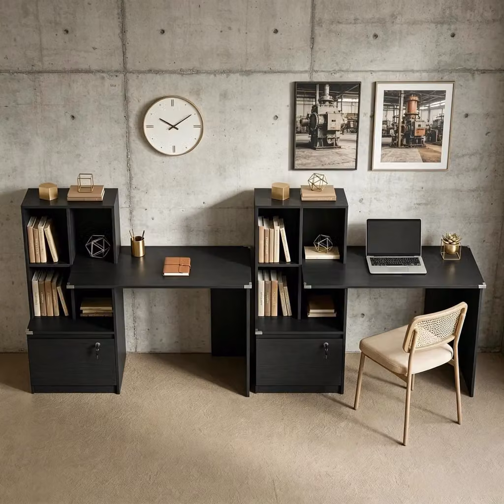 Scrivania dritta Mivray con libreria a 4 vani e cassetto con serratura, colore nero, H x L x P: 109 x 126 x 50 cm – 2