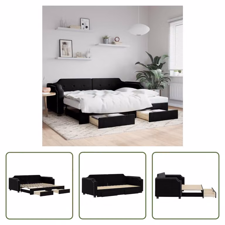 The Living Store Lettino allungabile con cassetti nero 80x200 cm in tessuto