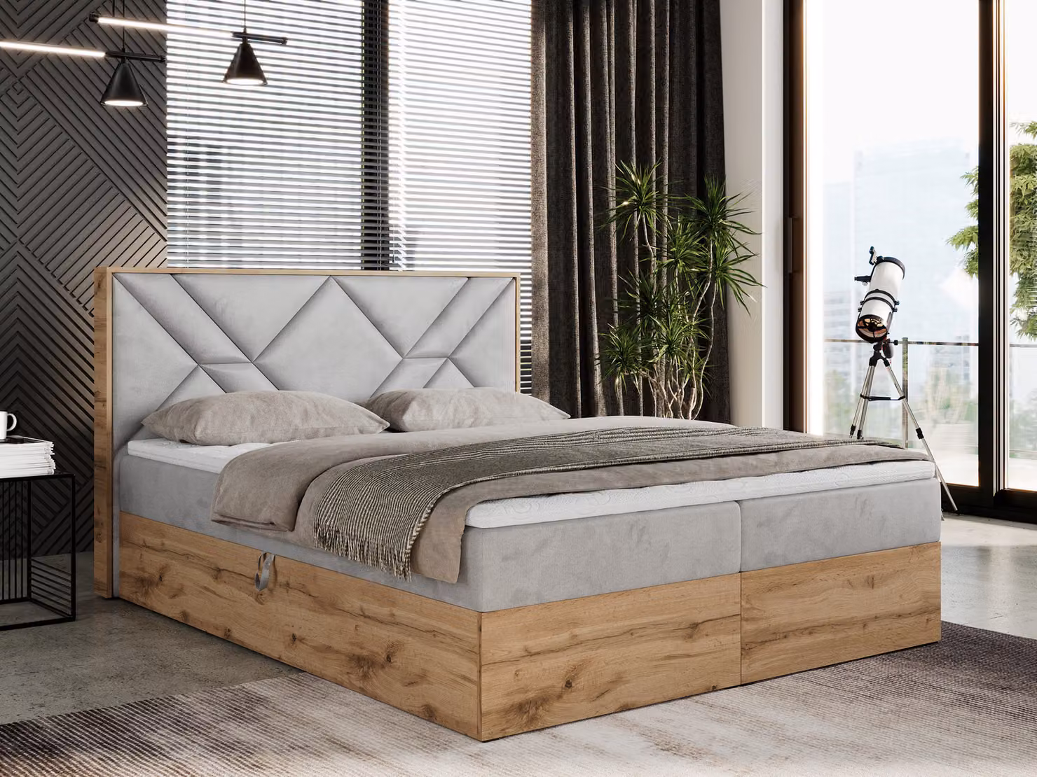 Letto boxspring 200x200 con contenitore, letto imbottito 200x200 con materasso H4, letto boxspring 200x200 con testiera, letto boxspring in legno massello - Gunar - Grigio chiaro Velvet - H4