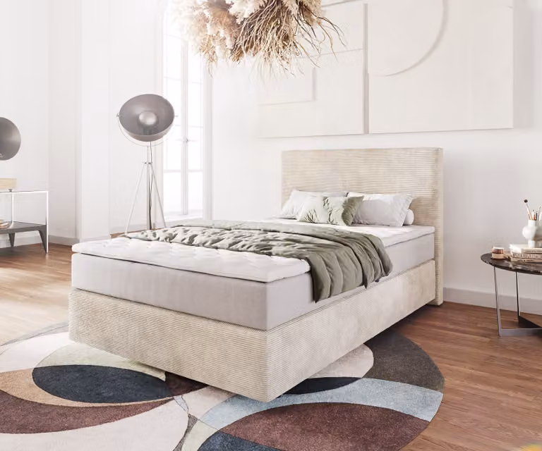 Letto boxspring DELIFE Dream-Well 120x200 cm in velluto beige con materasso a molle insacchettate e topper in viscoelastico