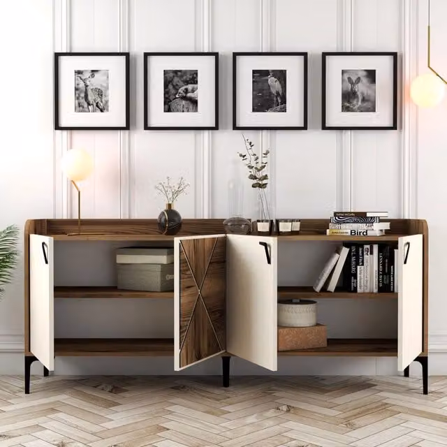 Madia Elini DMORA Credenza Moderna in Legno Bianco e Marrone L/P/H: 180 x 35 x 78 cm – 1