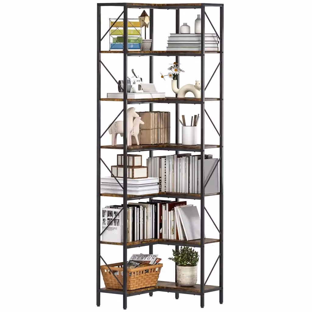 Libreria angolare industriale Minimal a 7 livelli in metallo e MDF, colore marrone, L/P/H: 60 x 60 x 198 cm – 2
