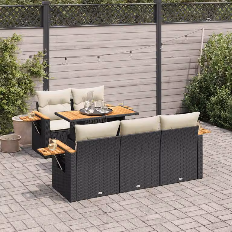 Set Divano da Giardino vidaXL 6 pz in Polyrattan e Legno di Acacia con Cuscini, Colore Nero e Bianco