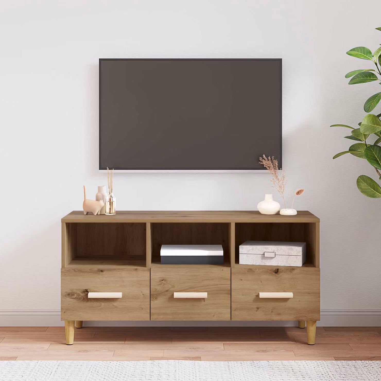 Mobile TV vidaXL moderno in legno color rovere con ruote L 102 cm x P 36 cm x H 50 cm