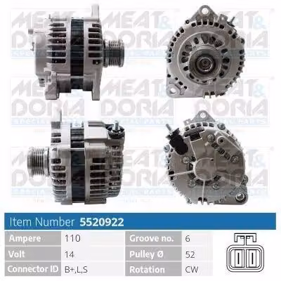 MEAT & DORIA 5520922 Alternatore LiMa 110 A 14 V per NISSAN Qashqai / Qashqai +2 I (J10, NJ10) X-TRAIL (T30) X-TRAIL (T31) PRIMERA (P12)