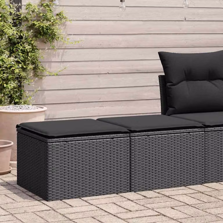 Set di divani da giardino vidaXL in polyrattan nero con cuscini imbottiti e pouf