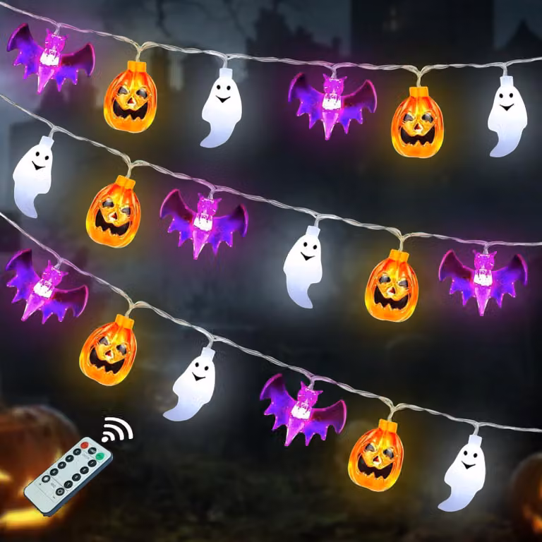 Catena luminosa a tema Halloween, 3 metri, 20 LED, impermeabile, con decorazioni a forma di zucca, ragno e fantasma