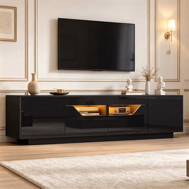 Mobile TV da terra con LED controllabili via app 2 cassetti 2 ante frontale lucido nero 180 × 40 × 45 cm