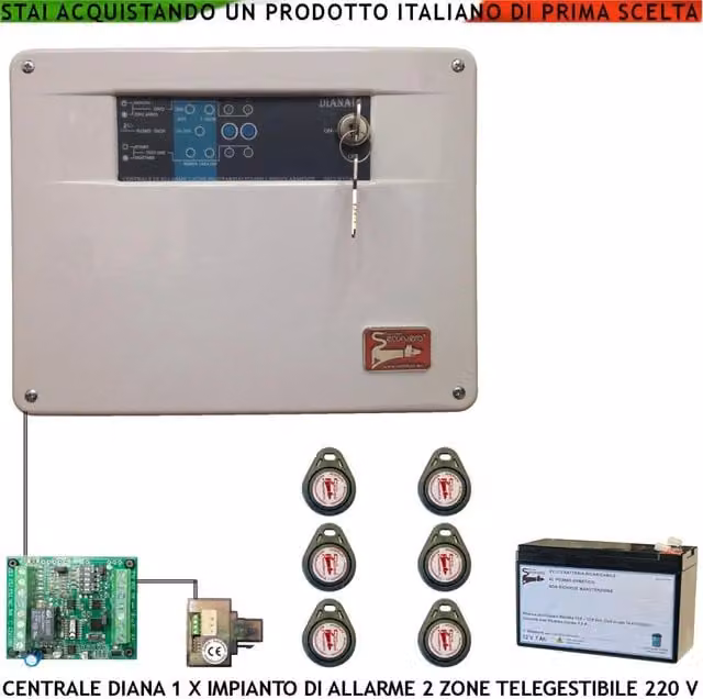 Centrale Antifurto Filare Securvera Diana a 2 Zone con 6 Chiavi e 2 TAG Meccanici, Sistema con Comando Remoto per Telegestione, Sensori, Sirene e Telecamere, Colore Nero